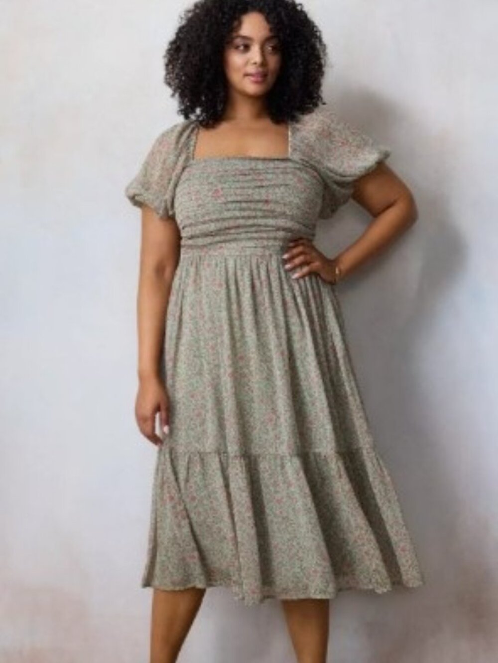 LC by Lauren Conrad - Floral Puff Sleeve Midi Dress in Olive Green, size S, NWOT